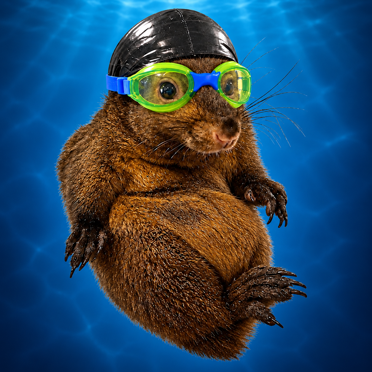 NASNUT in goggles and a swim cap